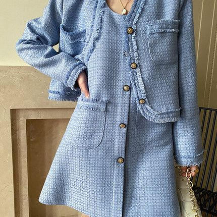 Onbely ensemble veste robe courte tweed boutonnage avec poches femme