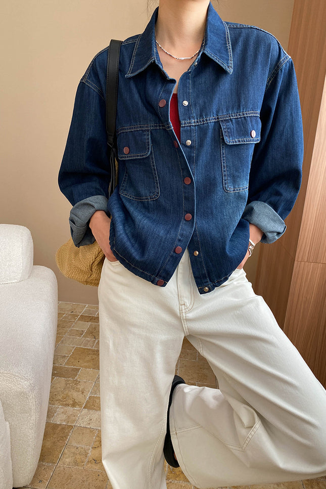 Onbely veste en denim bleu boutonnage avec poches col chemise femme mode