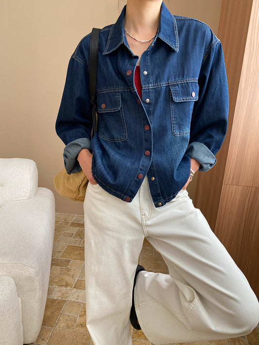 Onbely veste en denim bleu boutonnage avec poches col chemise femme mode