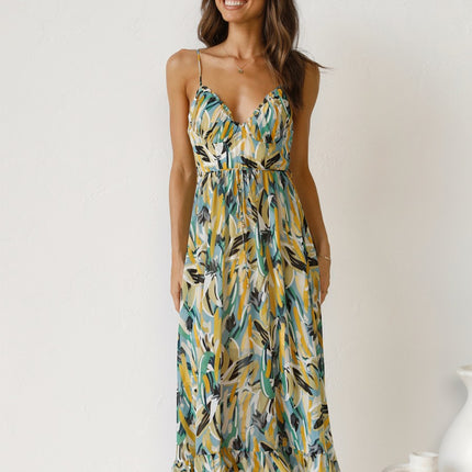 Onbely mi-longue robe imprimé à fleurie dos nu à fines brides col en V doux mode tous les jours vacances boho dress