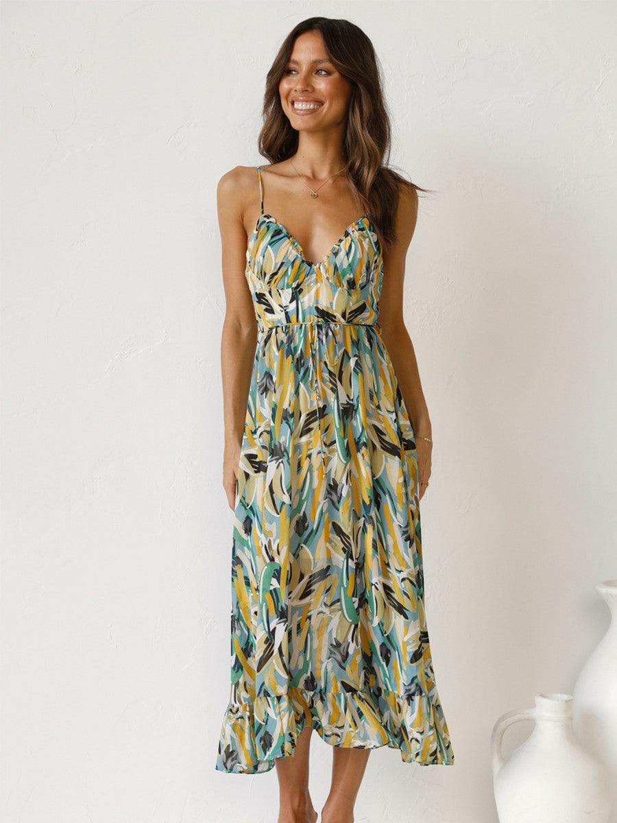 Onbely mi-longue robe imprimé à fleurie dos nu à fines brides col en V doux mode tous les jours vacances