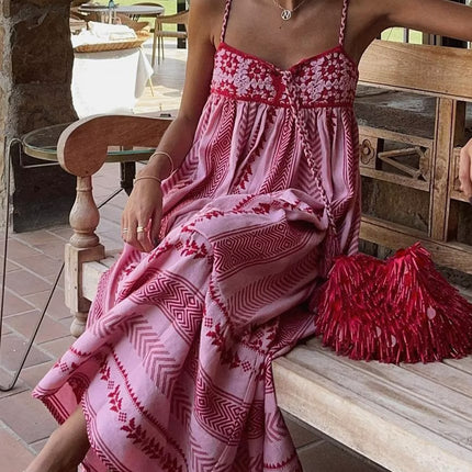 Onbely robe longue trapèze rose rayé dos nu à fines brides bohème élégant vacances tous les jours-boho dress