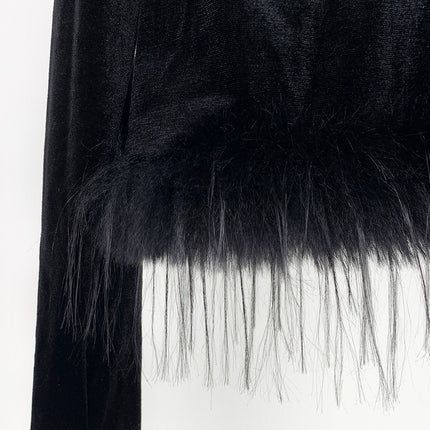 Onbely Haut Velours Noir avec Plumes et Col Rond Femme Mode à Manches Longues