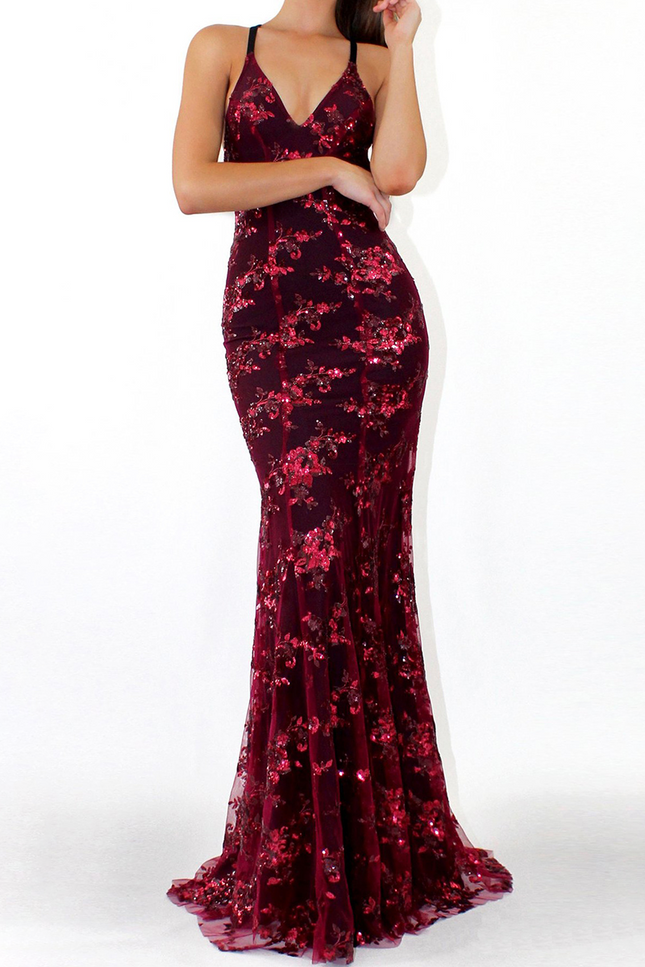 Onbely Robe maxi longue sirene brillante paillette à fines brides dos nu de soirée