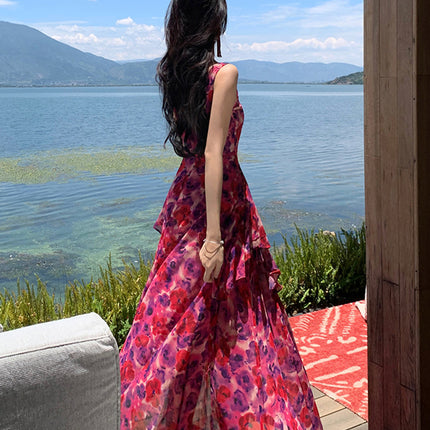 Onbely robe maxi longue mousseline imprimé à fleurie fendu le côté