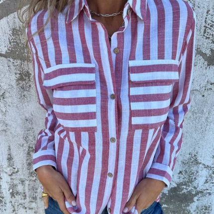 Onbely blouse femme élégante décontractée rayée col polo manches longues boutonnage poches mode