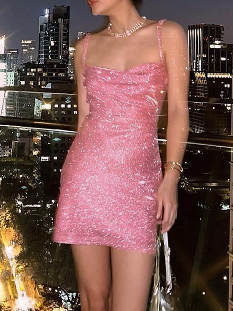 Onbely robe courte moulante unicolore brillante paillette dos nu à fines brides mode cocktail bal de promo