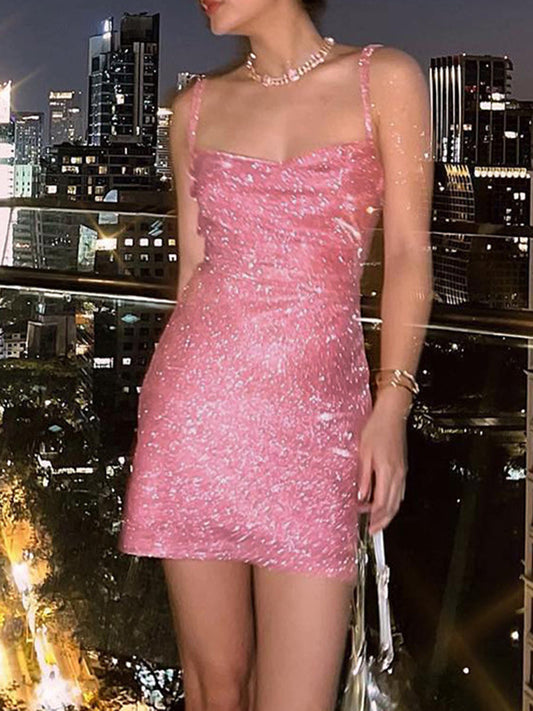 Onbely robe courte moulante unicolore brillante paillette dos nu à fines brides mode cocktail bal de promo