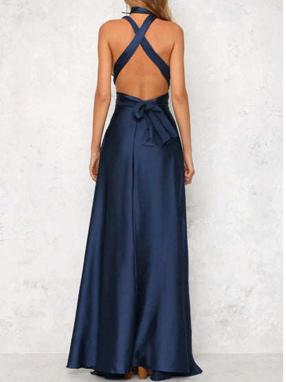 Onbely robe de soirée longue unicolore dos nu col en V licou/ras-du-cou taille élastique élégant invité mariage bal de promo
