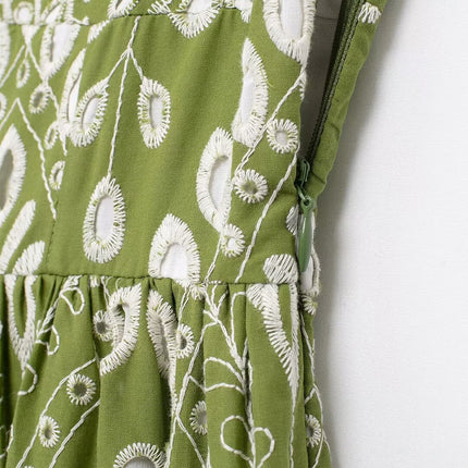 Onbely robe de soirée longue brodée motif cachemire vert sans manches à fines brides pour bal et plage -boho dress
