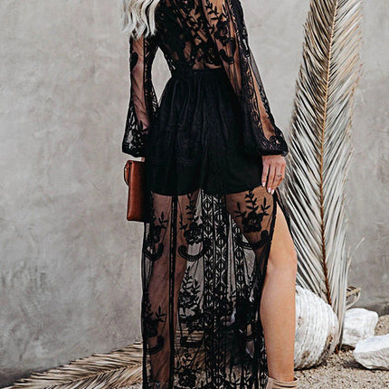 Onbely robe longue dentelle fendu le côté Col en V bohème boho dress