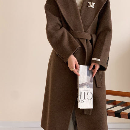 Onbely manteau en laine longue avec poches ceinture à capuche pour femme