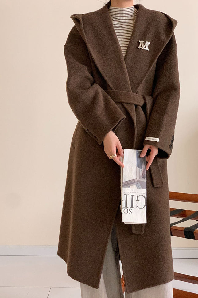 Onbely manteau en laine longue avec poches ceinture à capuche pour femme