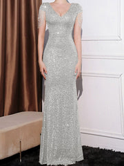Onbely robe de soirée longue moulante sirene brillante paillette v-cou mode