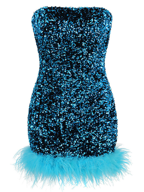 Onbely mini-robe mode brillante paillette plumes bleu - onbely