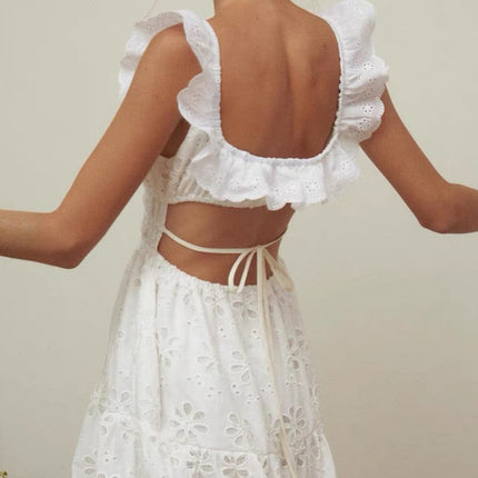 Onbely robe longue dos nu en broderie anglaise blanche fendue sur le côté mode boho dress