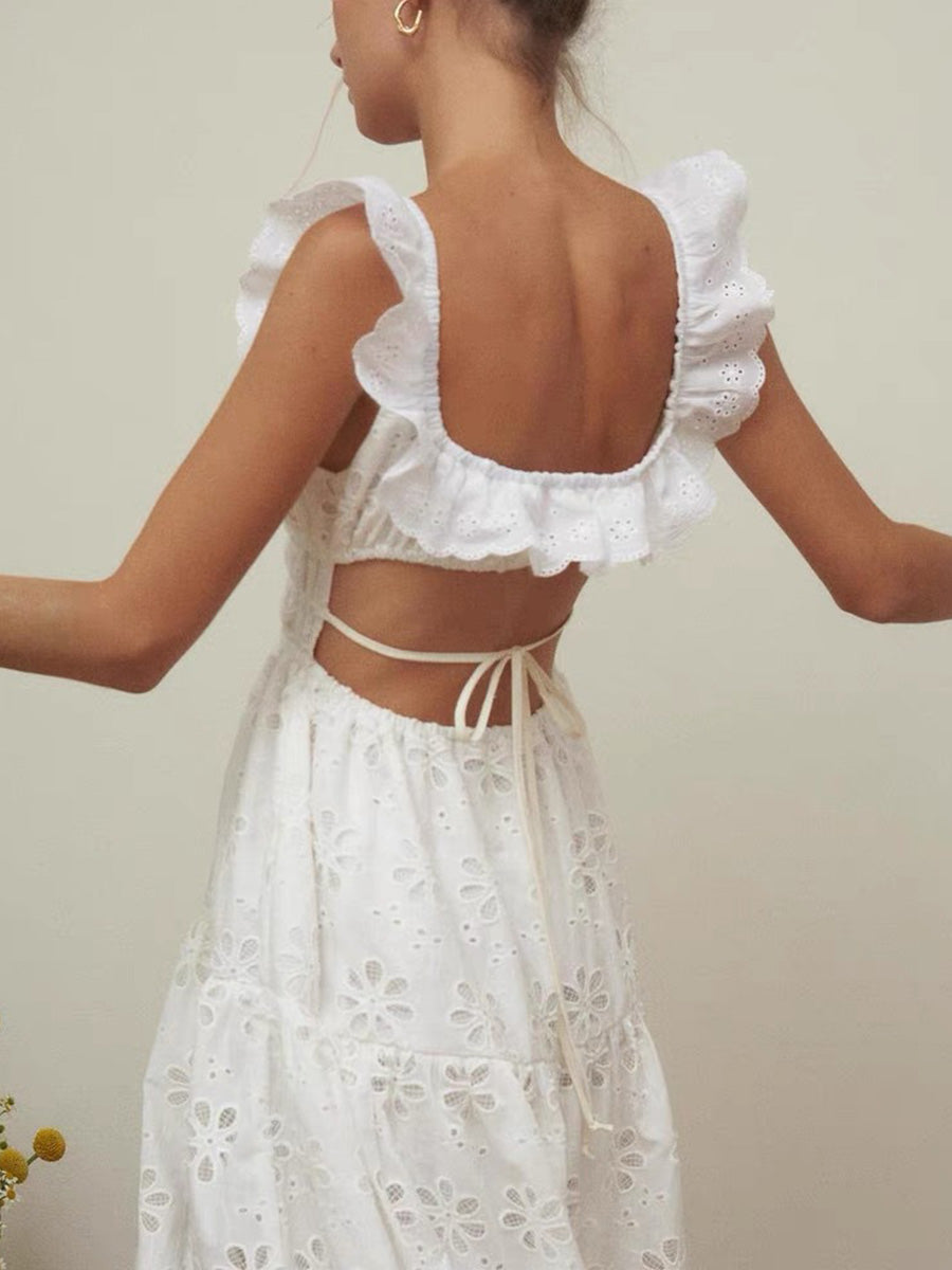 Onbely robe longue dos nu en broderie anglaise blanche fendue sur le côté mode