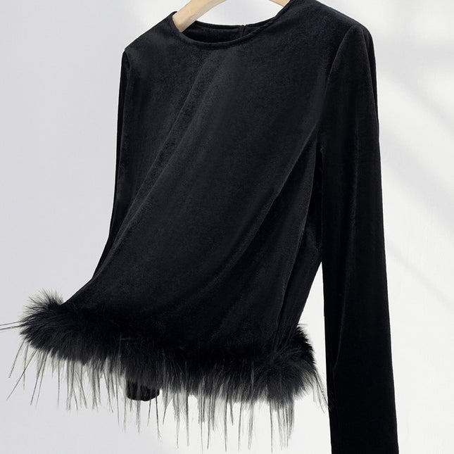 Onbely Haut Velours Noir avec Plumes et Col Rond Femme Mode à Manches Longues