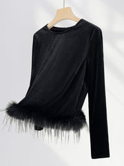 Onbely Women's Black Velvet Top with Feathers and Round Neck Long Sleeve Fashion