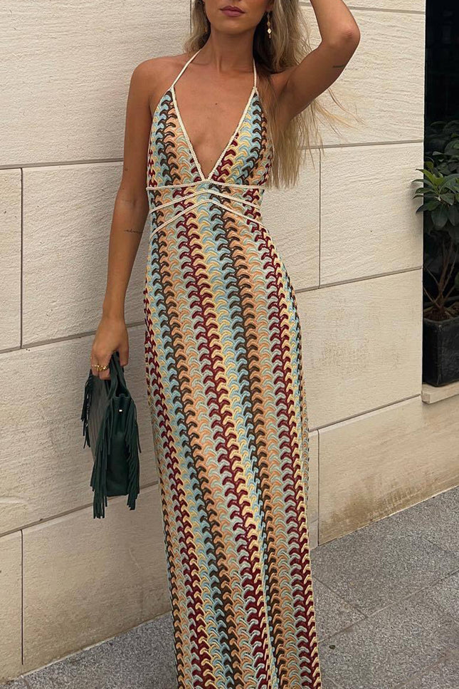 Onbely Robe de soirée longue à fines brides licou et dos nu pour bal de promo ou mariage-boho dress