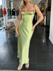 Onbely Green Long Evening Dress in Embroidered Satin with Thin Straps for Prom and Wedding