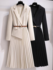 Onbely long pleated blazer dress with belt for women in white fashion