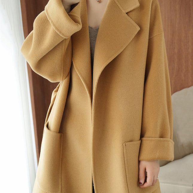 Onbely manteau en laine longue avec poches ceinture pour femme