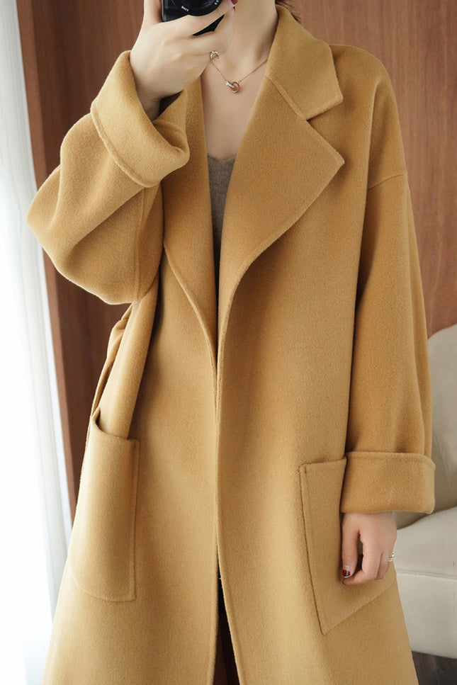 Onbely manteau en laine longue avec poches ceinture pour femme