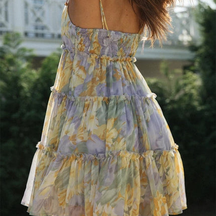 Onbely robe courte imprimé à fleurie à fines brides col carré doux tous les jours vacances boho dress