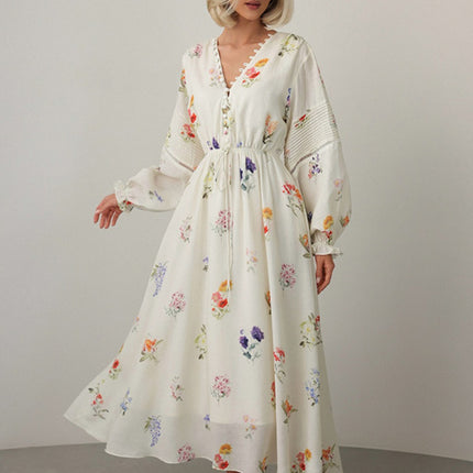 Onbely robe longue trapèze imprimé à fleurie col en V manches longues taille marquée élégant mode tous les jours