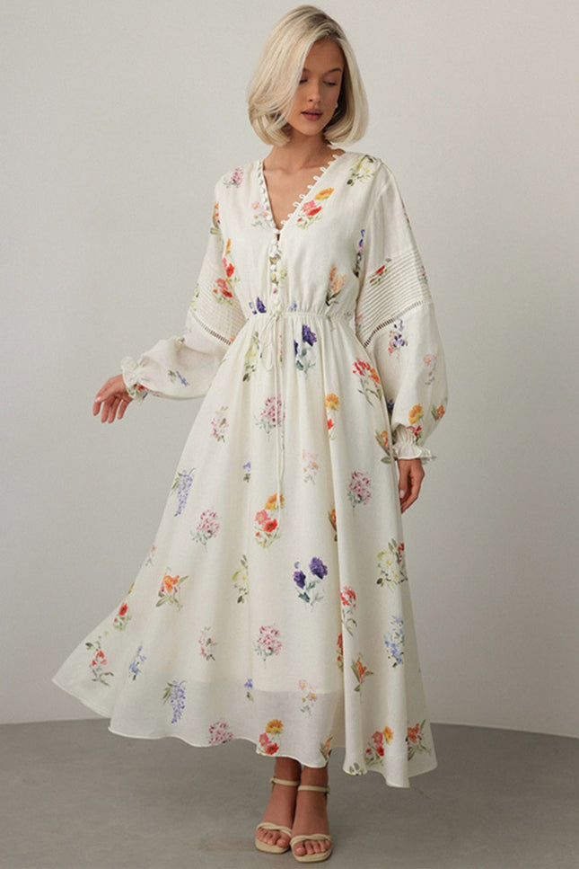 Onbely robe longue trapèze imprimé à fleurie col en V manches longues taille marquée élégant mode tous les jours