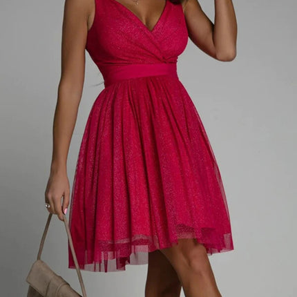 Onbely robe courte trapèze unicolore plissé bretelle col en V doux tous les jours bureau