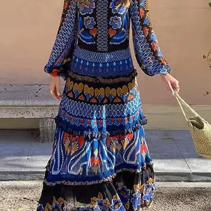 Onbely robe longue imprimé à fleurie manches longues bohème navy boho dress