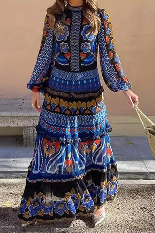 Onbely robe longue imprimé à fleurie manches longues bohème navy boho dress