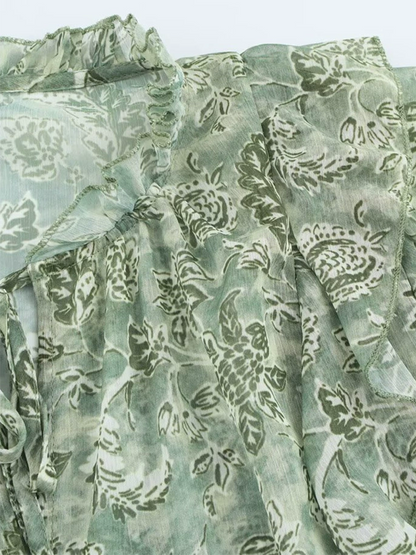 Onbely Blouse Bouffantes mousseline Imprimé Fleuri col jabot femme Vert