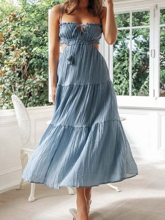 Onbely Robe longue unicolore strappy à fines brides bustier dos nu vacances
