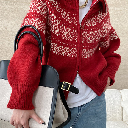 Onbely pull jacquard fermeture éclair pour femme vintage noël