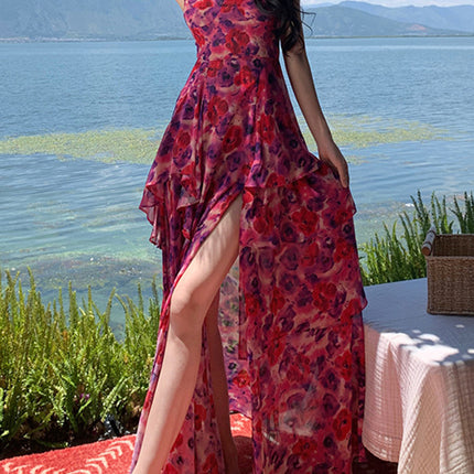 Onbely robe maxi longue mousseline imprimé à fleurie fendu le côté