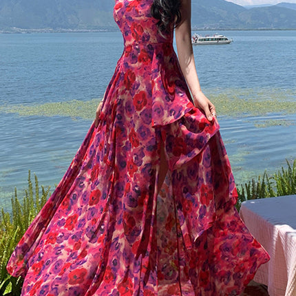 Onbely robe maxi longue mousseline imprimé à fleurie fendu le côté