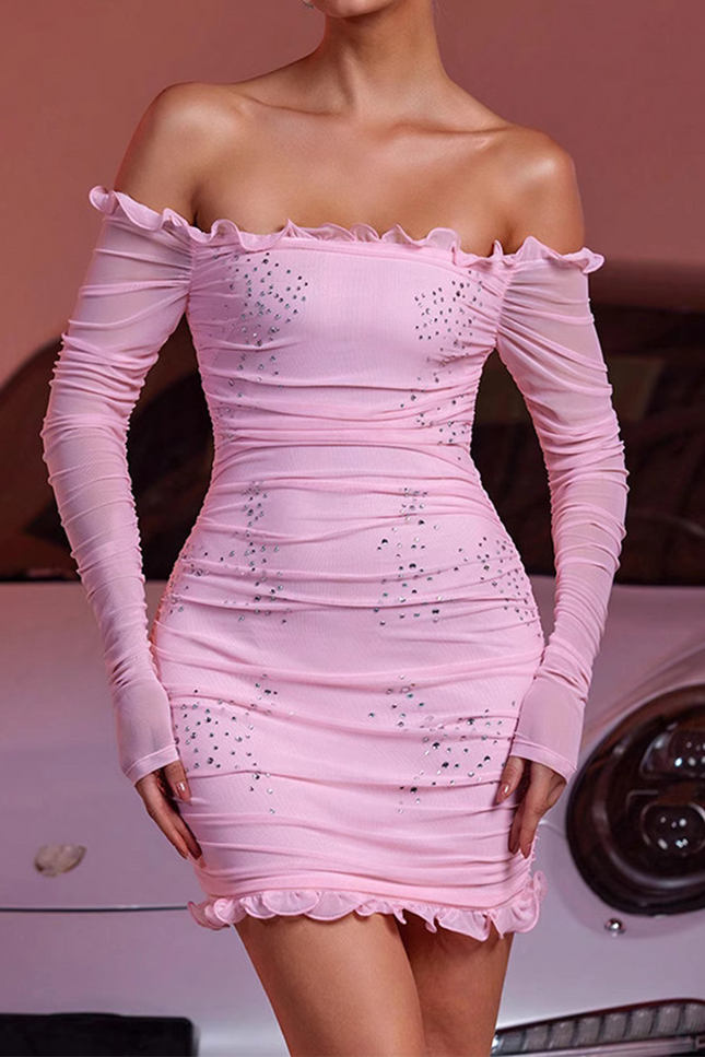 Onbely Robe courte moulante tulle col bateau manches longues rose