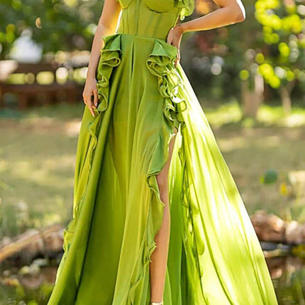 Onbely robe de soirée maxi longue fendue sur le côté à volants bustier vert pour un mariage femme cérémonie
