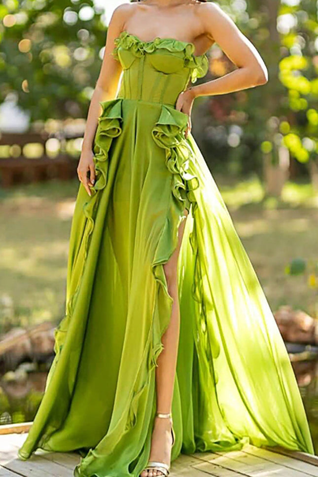 Onbely robe de soirée maxi longue fendue sur le côté à volants bustier vert pour un mariage femme cérémonie