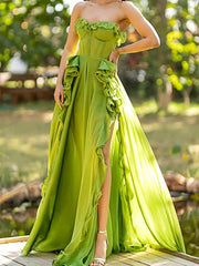 Onbely Green Strapless Ruffled Side Slit Maxi Long Evening Dress for Women Wedding Ceremony