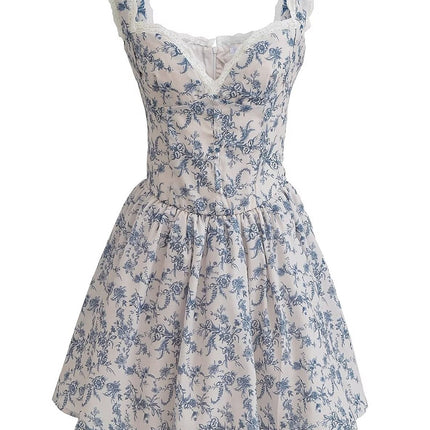 Onbely robe courte trapèze fleurs dentelle dos nu bretelle col carré mode doux vacances tous les jours