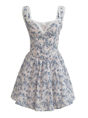 Onbely robe courte trapèze fleurs dentelle dos nu bretelle col carré mode doux vacances tous les jours