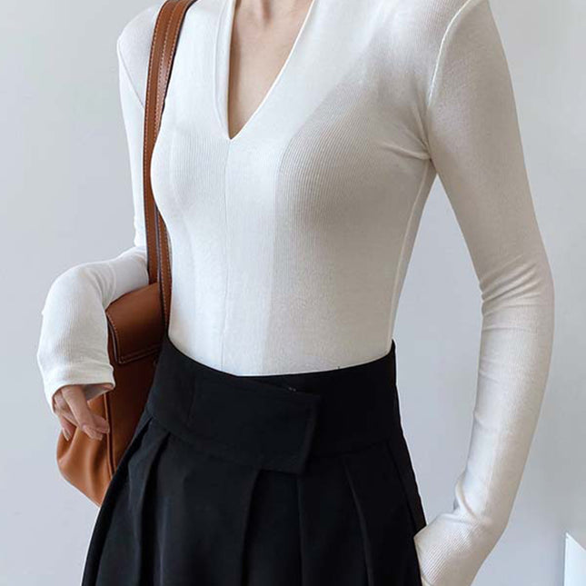 Onbely haut tricot côtelé Col en V manches longues femme