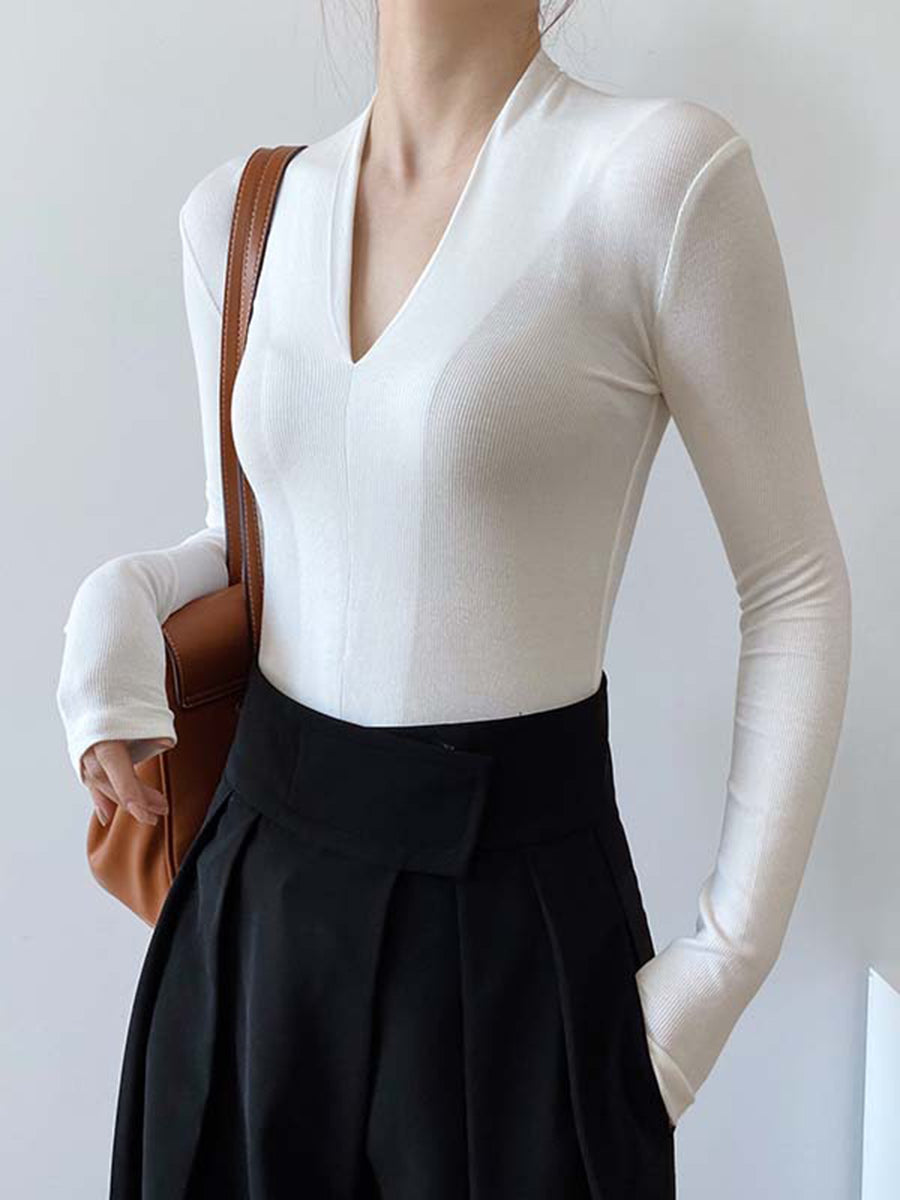 Onbely haut tricot côtelé Col en V manches longues femme
