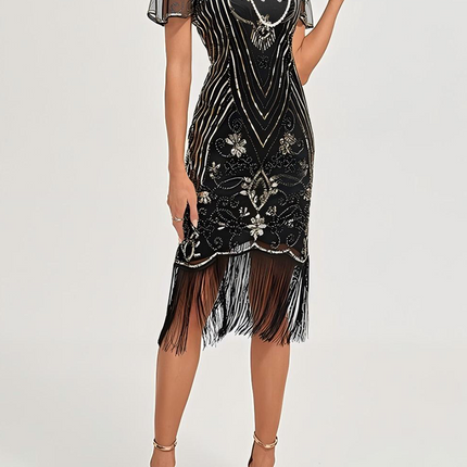 Onbely mi-longue robe brillante paillette frange cocktail vintage