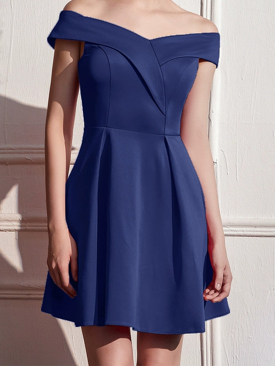 Onbely robe courte unicolore col bateau élégant mode cocktail
