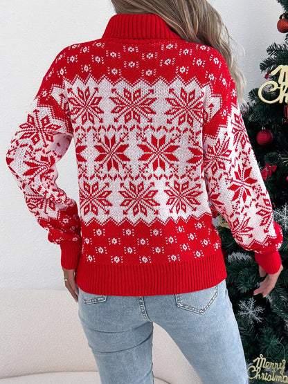 Pull de Noël à col roulé, manches longues et motif flocon de neige